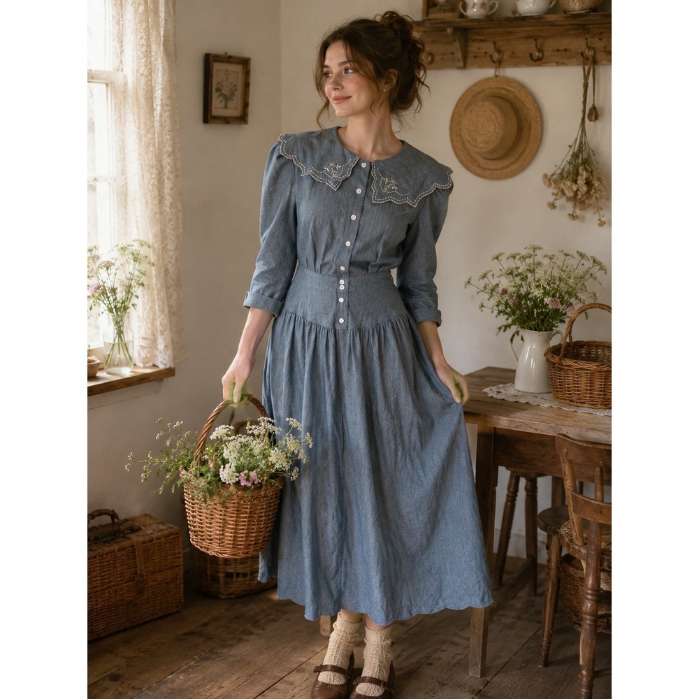 Vintage 80s 90s Chambray Denim Dress Embroidered Collar Midi Prairie Size 9/10